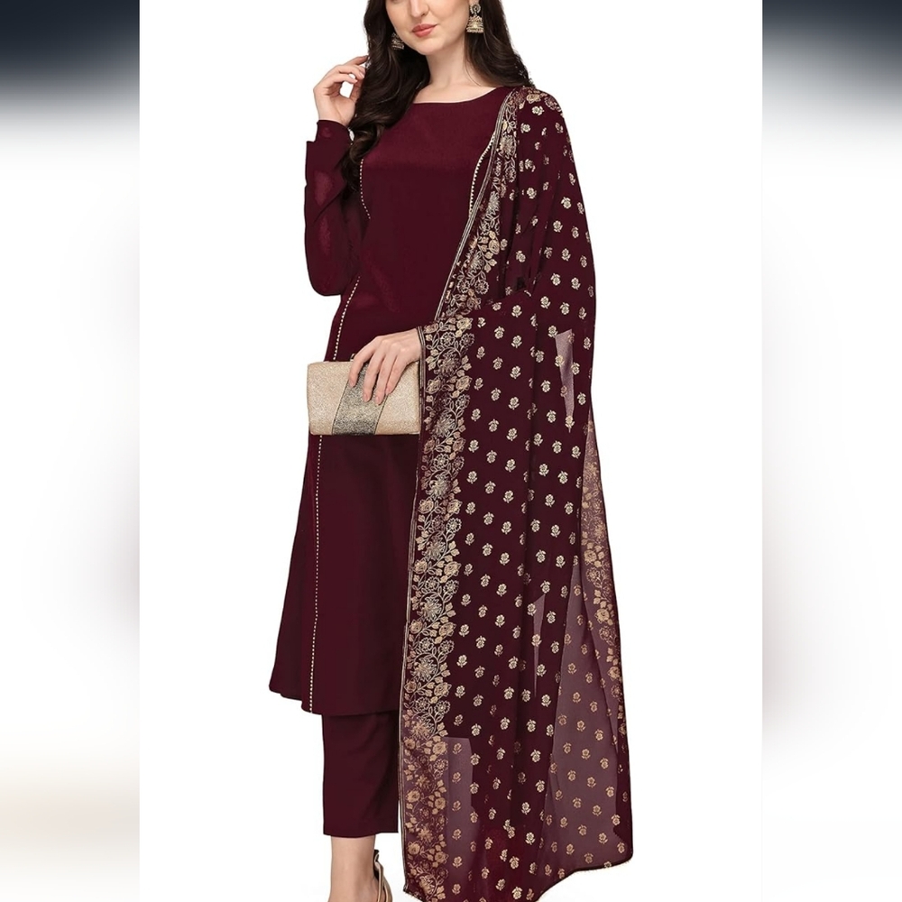 *NWT Women's Maroon Poly Crepe A-line Kurta Set With Dupatta. Sz medium